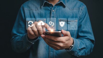 Person interacts with a smartphone displaying digital icons.