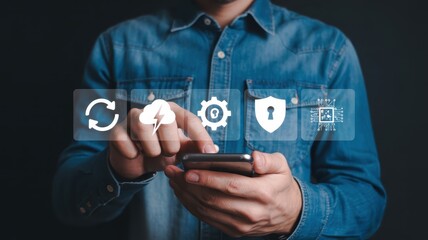 Person interacting with a smartphone displaying cloud computing icons.