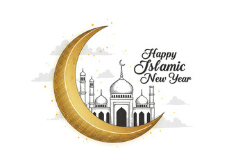 Illustration of islamic new year with golden crescent moon and mosque on a white background
