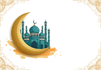 Illustration of a mosque with a golden crescent moon on a white background with floral borders