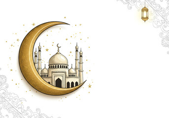 Illustration of a mosque inside a golden crescent moon with a lantern and floral ornaments