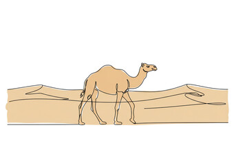 A minimalist illustration of a camel walking across sand dunes on a white background drawing style