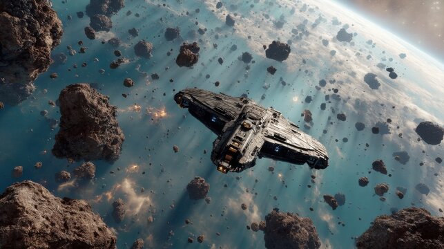 Spaceship navigating a dense asteroid belt 