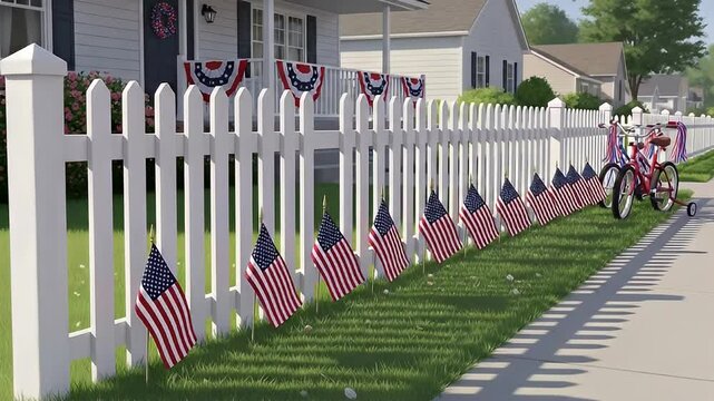 4th of July Parade Small Flags on White Fence Representing Neighborhood Patriotism and Community Pride