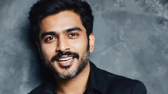 Smiling young South Asian man with dark hair and beard, showcasing prominent dimples. He wears a black shirt against a neutral background, celebrating Dimples Day..