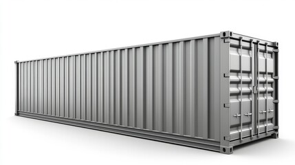 A large, empty, gray metal shipping container isolated on a white background.