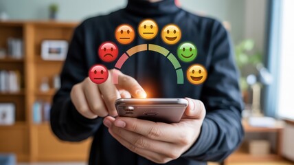 Person using a smartphone to view a satisfaction rating.