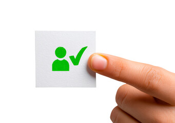 Verified user icon with green checkmark on white card for digital identity confirmation on transparent background, PNG