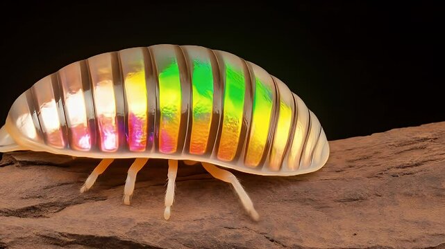 Close-up of a colorful iridescent woodlouse on a log