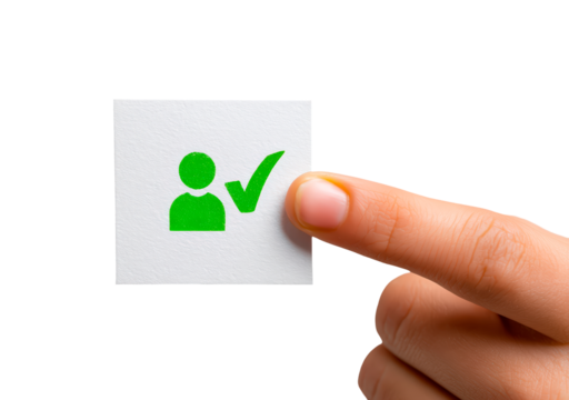 Verified user icon with green checkmark on white card for digital identity confirmation on transparent background, PNG