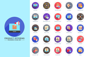 Product offering rounded icons set. contain affiliate, ai model, notification, chatbot, email, download and more. use for modern concept, print, UI, UX kit, web and app development. Vector EPS 10