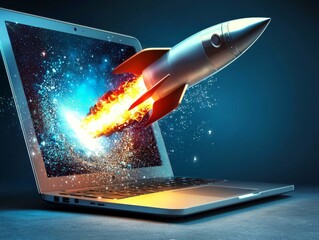 Visual representation of success with a rocket launching from a laptop.