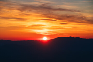 Sunset in the mountains with a view of Annecy