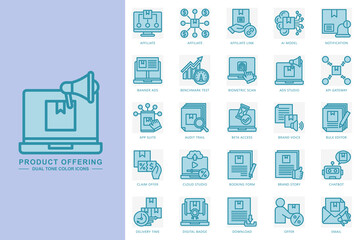 Product offering dual tone icons set. contain affiliate, ai model, notification, chatbot, email, download and more. use for modern concept, print, UI, UX kit, web and app development. Vector EPS 10
