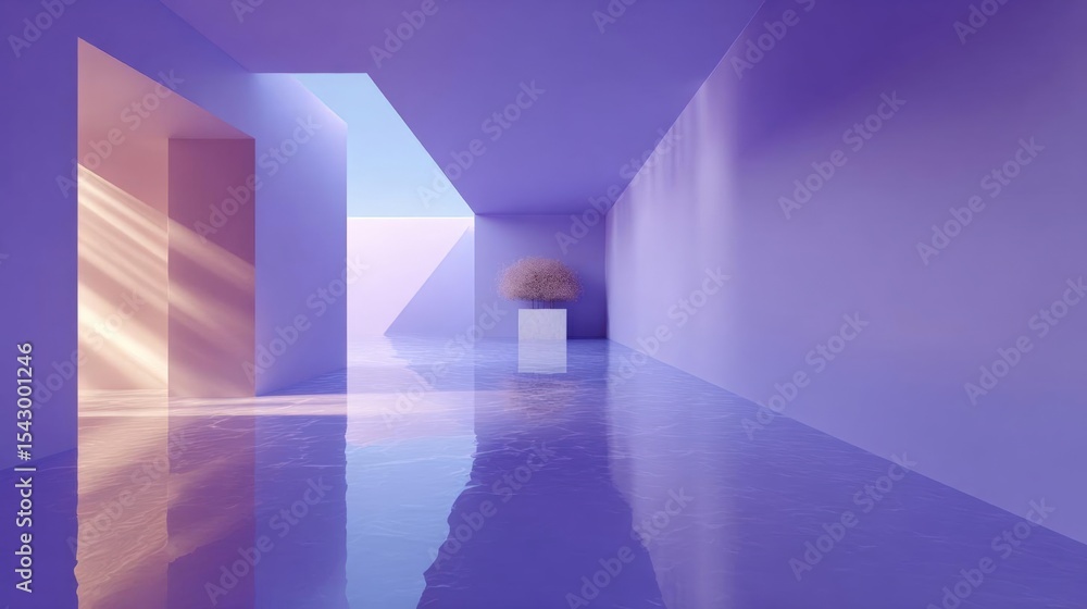 Poster empty room with a blue and purple color scheme. the room has a high ceiling with a triangular shape,