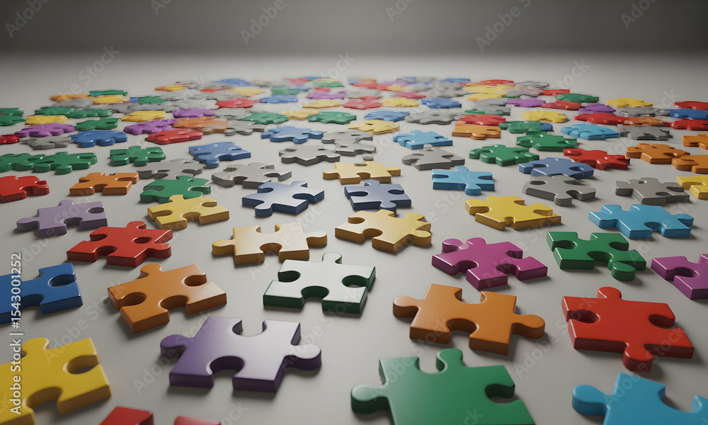 Poster colorful puzzle pieces scattered a visual representation of problem solving and teamwork