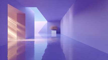 Fototapeta premium Empty room with a blue and purple color scheme. the room has a high ceiling with a triangular shape, and the walls are painted in a gradient of purple and pink.