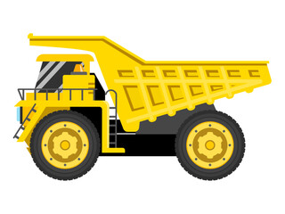 yellow dump truck, coal truck, Heavy-duty mining dump truck, flat icon vector illustration isolated on white background. Construction vehicle for mining and quarry industry minerals, big wheel