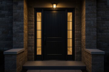 Elegant Black Wooden Front Door with Glass Panels Upscale Residential Home Architectural Detail Evening Glow
