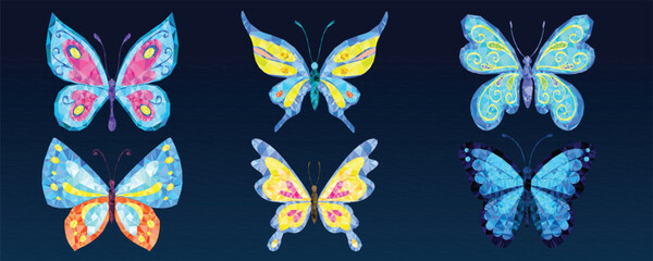 Abstract Butterfly Vector Set, Colorful Polygonal Moths on Dark Background
