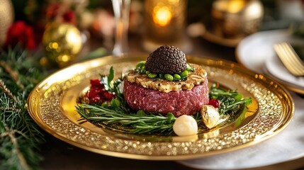 A gold-rimmed plate with a truffle-infused wagyu beef tartare