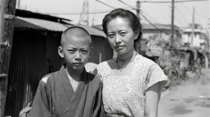 昭和の下町に立つ母と息子、戦後の生活の記録