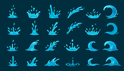 Set of cartoon splashes and waves of blue water. Animated shapes of splashes, drops and sea swirls.