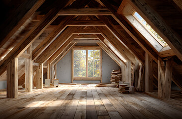 Spacious unfinished attic under construction. Exposed wooden beams, framework. Open space, natural light through window. Interior conversion renovation project. Home improvement, house building,