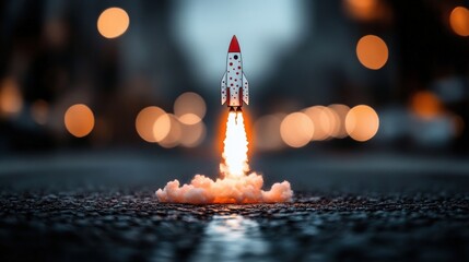 A small toy rocket launches on a dark surface with bright bokeh lights in the background, creating a dramatic and imaginative scene.