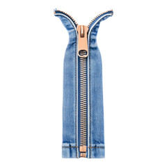 Isolated Transparent Denim Zipper with Gold Teeth on White Background