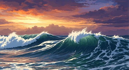 Ocean Sunset Dramatic Waves Crashing Under a Fiery Sky