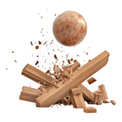 Isolated Transparent Background of Flying Wooden Pieces and Sphere