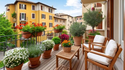 Fototapeta premium Blooming balcony with lush plants overlooking picturesque italian town