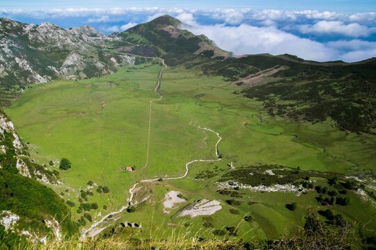 Aerial View of a Green Valley in the Mountains of Northern Spain &ndash; Picos de Europa Landscape