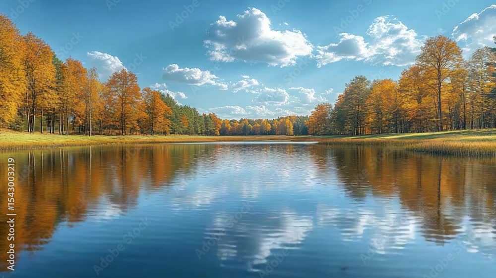 Poster tranquil autumn reflection: a serene autumn landscape is painted with a stunning reflection on the c