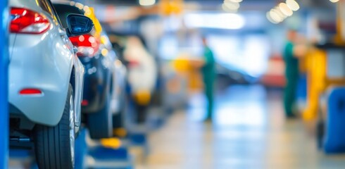 Obraz premium Blurred Interior Of Automotive Assembly Line