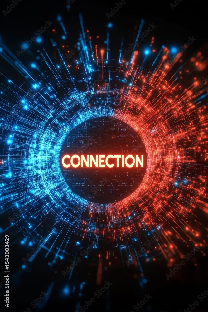 Poster abstract interconnected network with connection dial, glowing digital center, and technology visuals