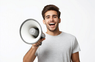 Young Handsome Indian Man with Megaphone – Sales Promotion & Advertising Concept, High-Resolution Studio Stock Photo with White Background & Copy Space