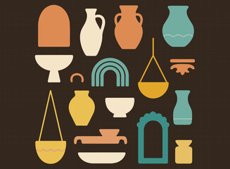 Boho Home Decor Vector Set Minimalist Vases, Pots, Planters, Rainbows, and Wall Art