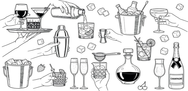 Alcohol cocktail bar doodle set, vector hand drawn beverages party illustration, champagne glasses. Waiter arm with tray, bartender preparing drinks, gin bottle menu line icon. Cocktail doodle clipart