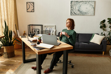 Cozy young man enjoying a warm drink while working from home in a stylish workspace