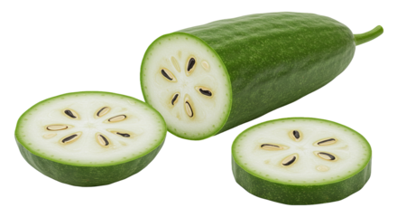 Freshly cut wax gourd slices isolated on a solid black background closeup