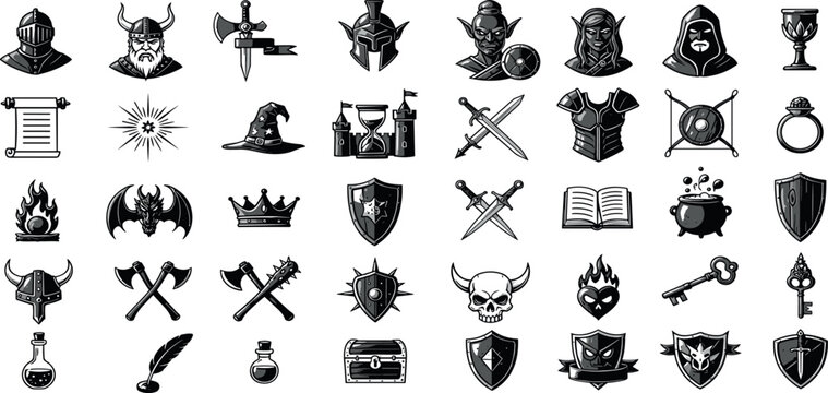 Game fantasy icon set, vector magic dungeon dragon RPG sign, medieval warrior avatar, fairytale sign. Knight battle sword, armour helmet, power weapon, witch hat, potion cauldron. Fantasy icon kit