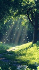 Obraz premium Afternoon sun shining on a forest clearing.