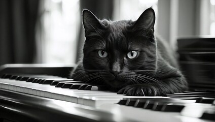Monochrome Cat Hides Behind Piano Keys