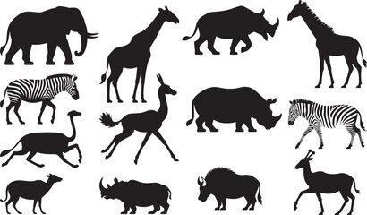Vector Silhouettes of African Safari Animals Including Giraffe, Elephant, Rhino, Zebra, and Buffalo on White Background
