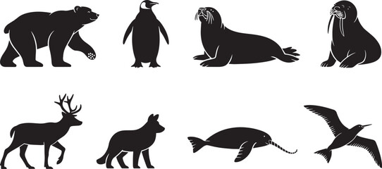Arctic and Marine Animal Silhouettes Vector Set Including Bear, Penguin, Walrus, Dolphin, Narwhal, and Sea Birds © MC Creative