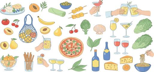 Italian summer food illustration set, vector hand drawn watercolor lunch collection, pizza, pasta. Female hand with wine glass, fresh fruit, Italy retro aesthetic meal print. Italian food sticker kit