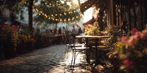 romantic European street terrace restaurant, afternoon sunlight, hanging string lights, trees and flowers