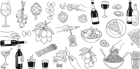 Italian food seamless pattern, vector doodle hand drawn wine background, Amalfi lemon print, pizza. Traditional sketch eatery texture, cafe scribble wallpaper, picnic drinks design. Italian pattern